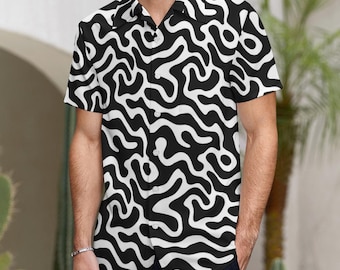 Black White Men Button Up Shirt, Psychedelic Wavy Trippy Short Sleeve Print Casual Buttoned Down Summer Male Guys Collared Designer Festival