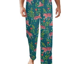 Tropische Tiger Herren Pyjamas Hose, Animal Print Urlaubsmuster Satin PJ Taschen Schlafhose Paare Passende Hose Unterseiten Nachtwäsche