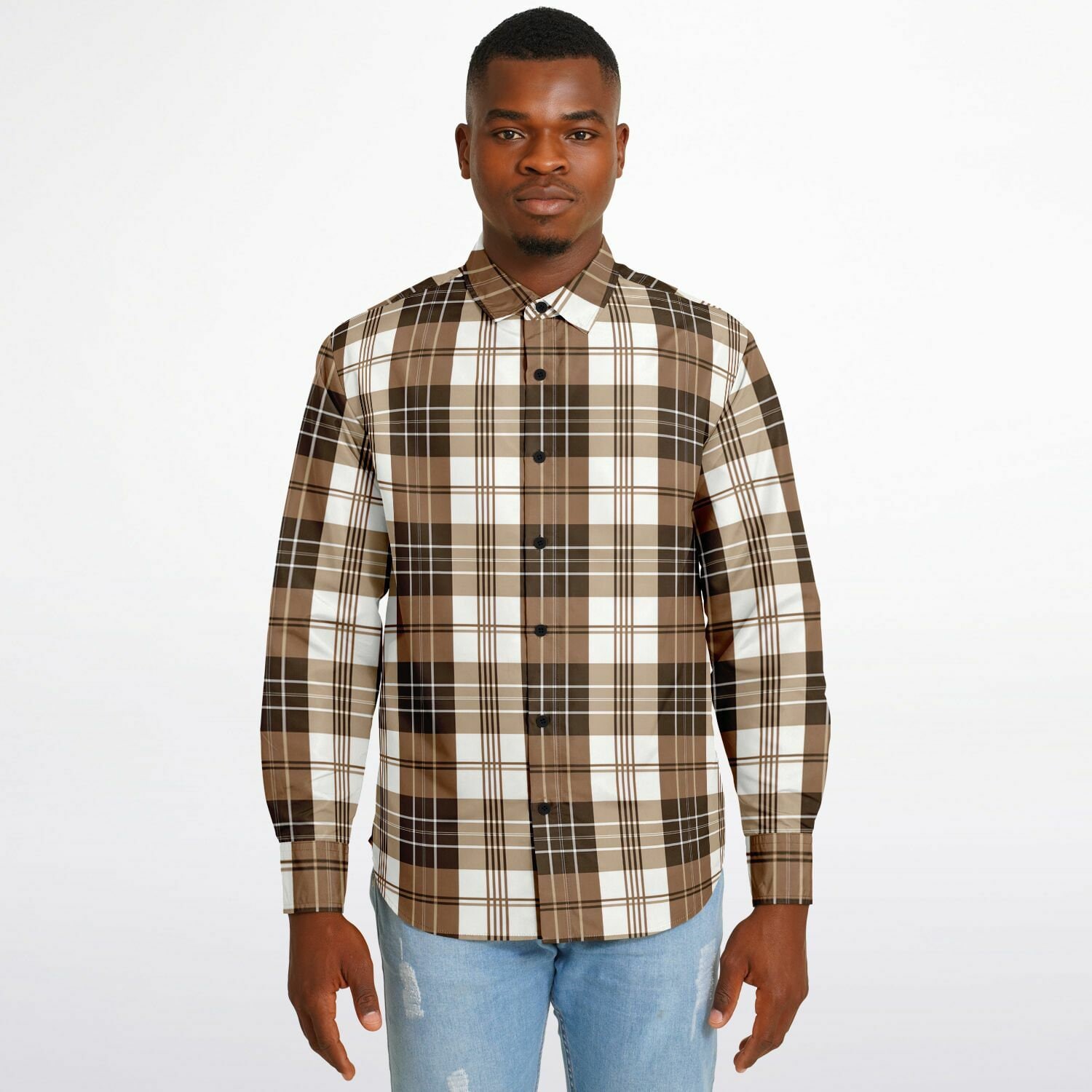Brown Check Plaid Long Sleeve Men Button up Shirt, White Tartan