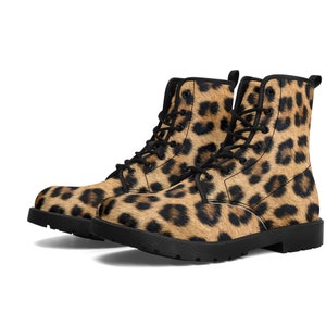 Dames leren laarzen met luipaardprint, dier cheetah vegan veterschoenen wandelfestival zwarte enkelgevecht werk winter waterdicht aangepast cadeau