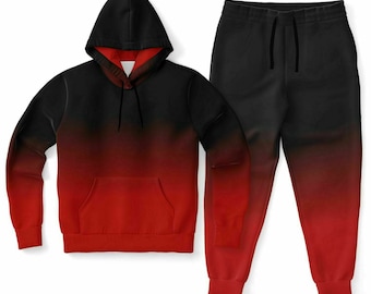 Negro Rojo Ombre Sudadera con capucha Jogger Conjunto de chándal, Tie Dye Lounge Sudadera con capucha Pantalones de chándal Mujeres Hombres Algodón a juego Sudaderas de talla grande