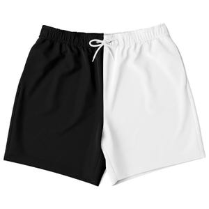 Half Black Half White Men Shorts, Two Tone Color Block Beach Male Casual Pocket 7 Inch Inseam Drawstring Lounge Designer Cool Summer Walking