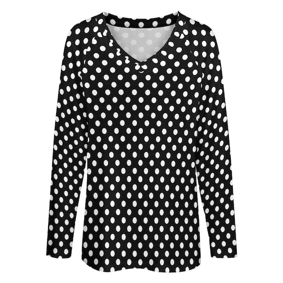 Polka Dots Women Long Sleeve Tshirt Loose Fit, Black White Vintage