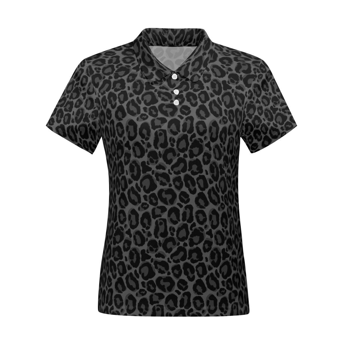 Black Leopard Women Polo Shirt, Grey Animal Female Ladies Slim Fit