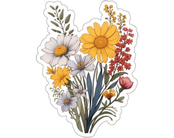 Wildflowers Sticker, Floral Bouquet Flowers Clear Art Laptop Decal Vinyl Cute Waterbottle Tumbler Car Waterproof Bumper Aesthetic Wall