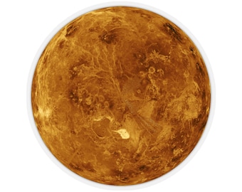 Puede incluir: Una imagen de primer plano del planeta Venus, mostrando su superficie con sus distintivos colores naranja y marrón. El planeta está rodeado por un círculo blanco.