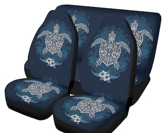 Hawaiian Sea Turtle Front Back Car Seat Covers Full Set (4 pcs), Blue Boho Tribal Auto Dog Pet Vehicle SUV Universal Protector Accessory