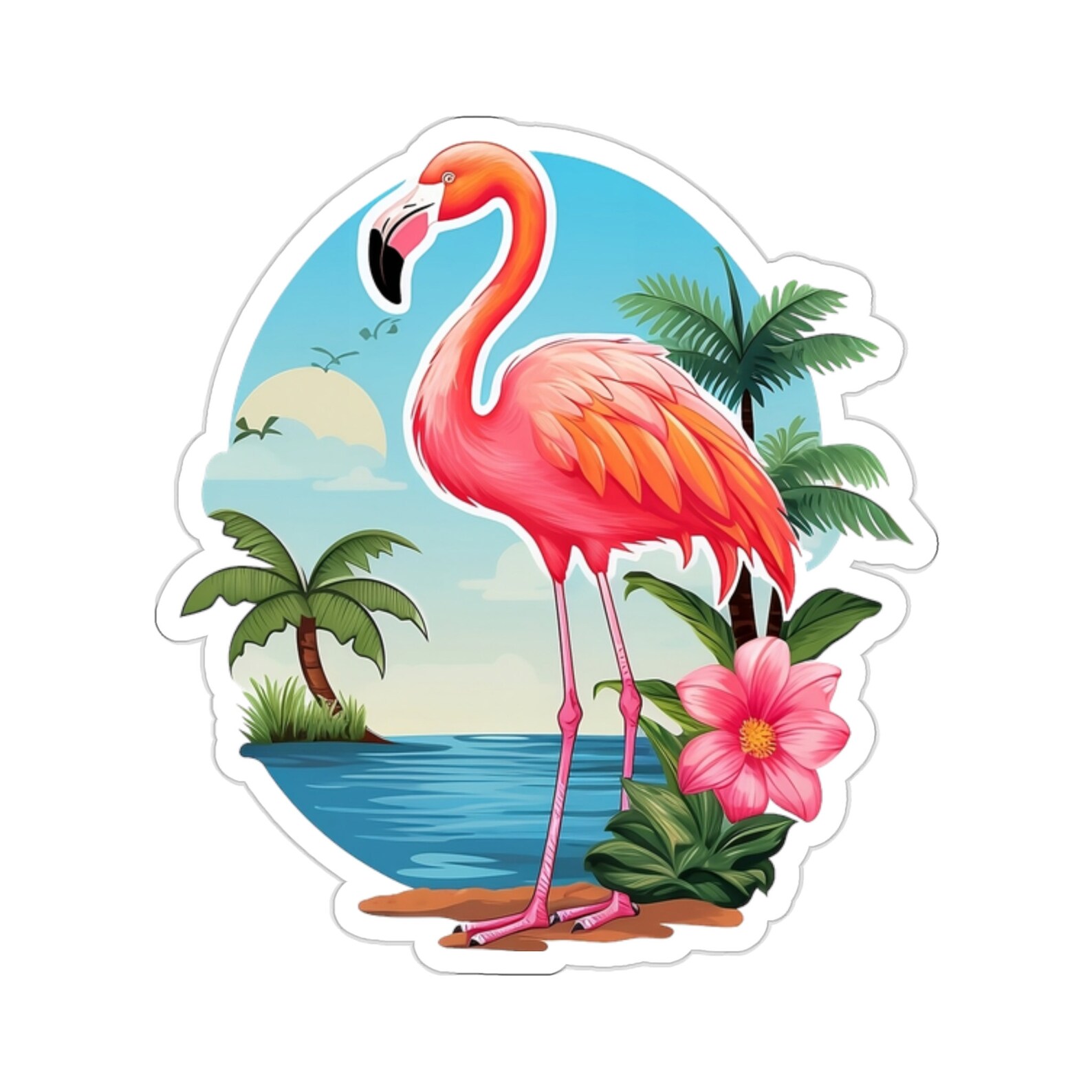 Pink Flamingo Sticker Decal, Tropical Palm Tree Ocean Art Vinyl Laptop ...