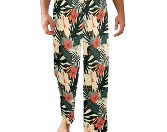 Herren-Pyjamahose mit tropischen Blättern, Retro-Blumenmuster, Urlaubsmuster, Satin, PJ-Taschen, Schlafhose, passende Hose, Hose, Nachtwäsche
