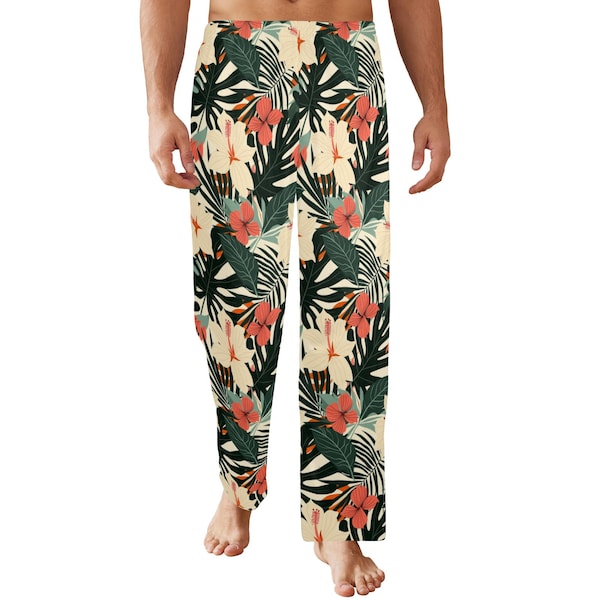 Tropical Leaf Men Pajamas Pants, Retro Floral Flowers Vacation Pattern Satin PJ Pockets Sleep Trousers Matching Trousers Bottoms Sleepwear