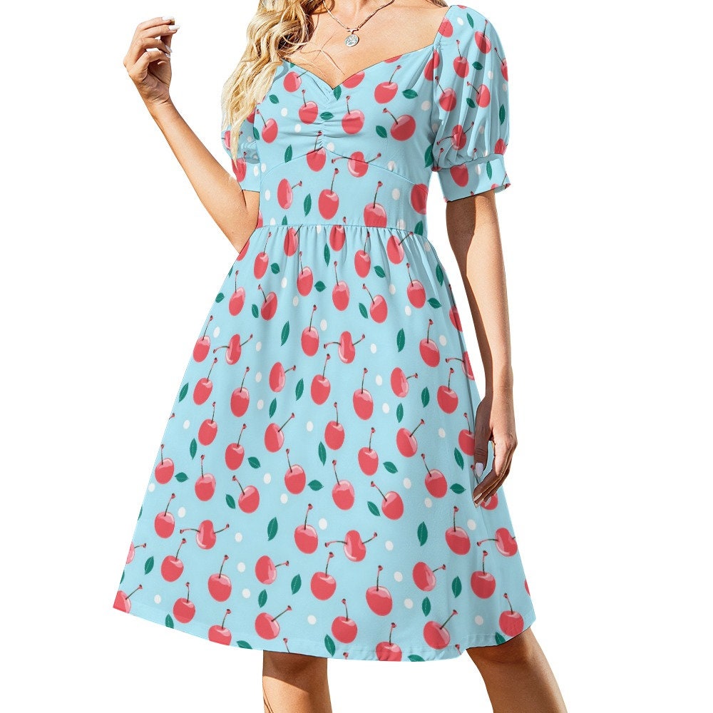 Red Cherry Print Midi Dress, Blue Summer Fruit Short Sleeve Women