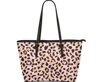 Sac fourre-tout rose léopard, sac à main à imprimé animal guépard pour femme en cuir végétalien avec fermeture éclair, petit grand designer fait main à bandoulière pour femme