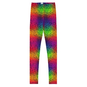 Rainbow Leopard Girls Leggings (8-20), Dots Cheetah Youth Teen Cute Printed Kids Yoga Pants Graphic Print Fun Tights Tween