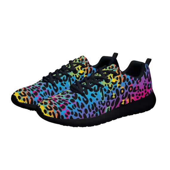 Rainbow Leopard Women s Athletic Sneakers Mesh Lace up Shoe Canvas Print Designer Running Gym Shoes Etsy UK