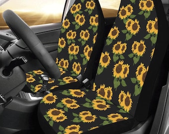 Sunflower Car Seat Covers 2 pc, Black Yellow Front Seat Covers, Floral Car SUV Seat Protector Accessory for Women