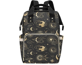 Sun Moon Diaper Bag Backpack, Constellation Stars 70s Baby Girl Waterproof Insulated Pockets Stylish Mom Designer Men Women Multipurpose
