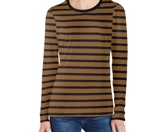 Camiseta de manga larga para mujer con rayas marrones y negras, camiseta de cuello redondo con diseño gráfico de rayas anchas en color camello tostado para mujer
