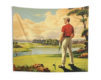 Golf Tapestry, Golfing Men Vintage Retro Wall Art Hanging Cool Unique Landscape Aesthetic Large Small Bedroom College Dorm Room