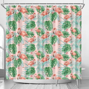 Pink Flamingo Duschvorhang mit Haken Ringe, Retro Vintage Tropical Blatt Stoff Einzigartiges Bad Dekor Cooles Einzigartiges Geschenk