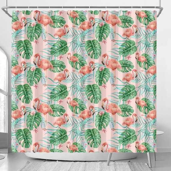 RnnJoile Flamingo-Duschvorhang – 183x183 Cm, Rosa/grau, Aus Polyester, Wasserdicht Mit 12 Haken