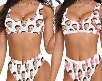 Custom Photo Face Print Bikini Set, Personalized White Hearts High Waisted Bottom Swimsuit Wedding Bride Plus Size Bathing Suit Two Piece