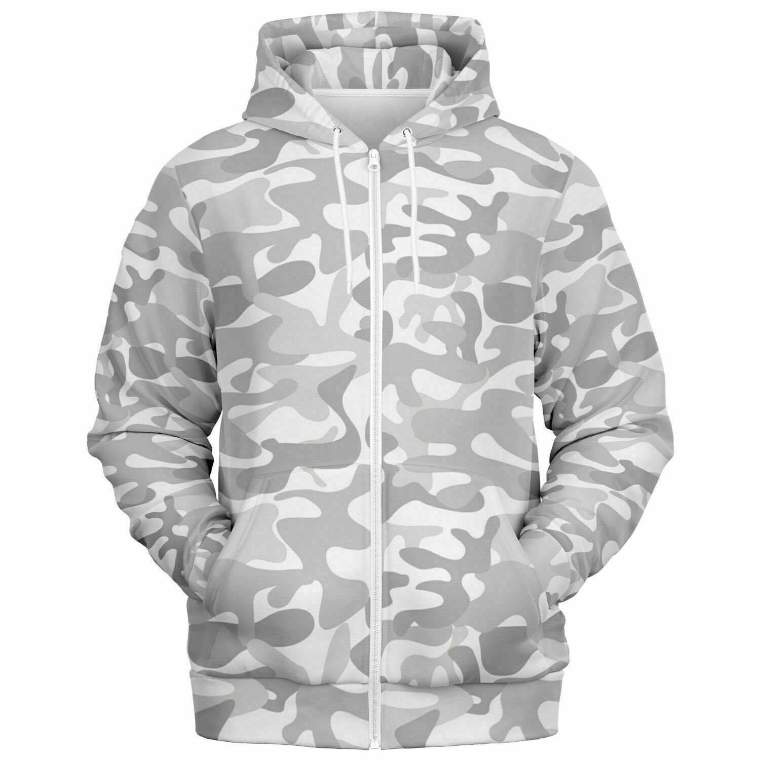 White Camo Zip up Hoodie, Camouflage Grey Cream Full Zipper Pocket