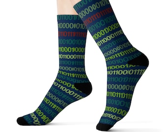 Coding Socks, Computer Science Binary Math Engineer Programmer Tech Sublimation Cool Crazy Fun Blue Striped Funny Men Women Green Crew Socks