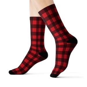 Buffalo Plaid Socks, 3D Printed Sublimation Red black Check Lumberjack Women Men Fun Cool Funky Casual Cute Unique Socks