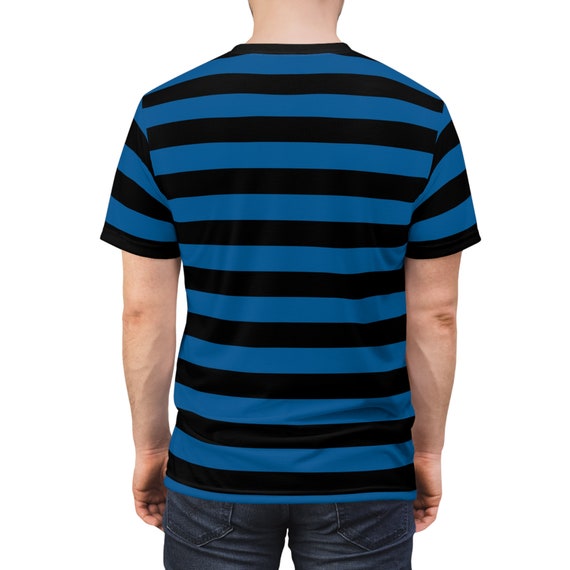 Black and Blue Striped Men T Shirt, Vintage Wide Horizontal