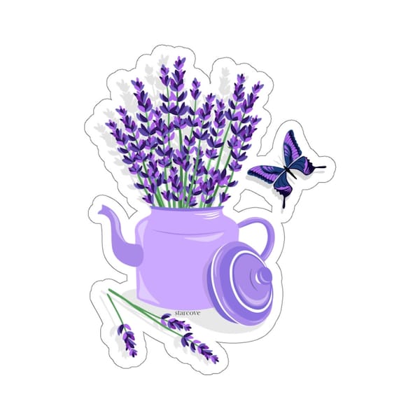 Purple Lavender Decal, Butterfly Pot Flowers Die Cut Stickers Laptop Vinyl Cute Waterbottle Tumbler Car Aesthetic Label Wall Mural