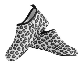 Snow Leopard Water Women Shoes, Black White Animal Print Swim Pool Slippers Aqua Socks Beach Walking Kayaking Summer Slip On River Boat
