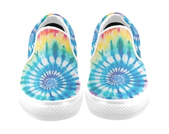 Blue Tie Dye Women Slip On Shoes, Canvas Festival Sneakers White Low Top Casual Ladies Aesthetic Designer Flat Slide On