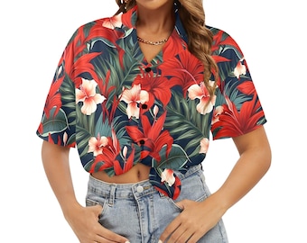 Red Tropical Women Hawaiian shirt, Floral Flowers Summer Hibiscus Print Vintage Retro Hawaii Aloha Button Up Down Plus Size Ladies Blouse