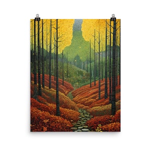 Otoño hojas de otoño cartel impresión, puntillismo del bosque imagen pared imagen arte vertical papel obra de arte pequeña gran habitación fresca decoración de la oficina