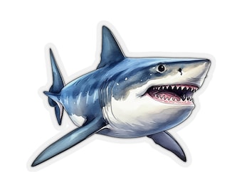 May include: A watercolor illustration of a great white shark with an open mouth, showing its sharp teeth. The shark is swimming towards the viewer with its dorsal fin and tail fin visible. The shark is painted in shades of blue and white.