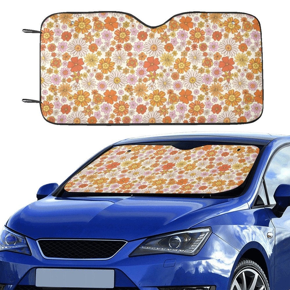 Groovy Flowers Windshield Sun Shade Cute Hippie Floral Orange Etsy