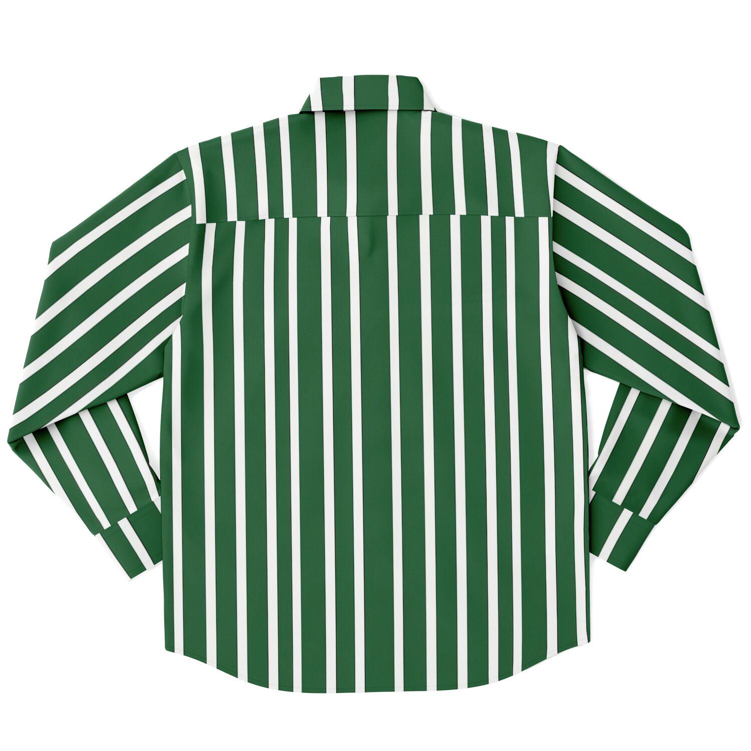 Green White Striped Long Sleeve Men Button Up Shirt, Vertical Stripes Guys Male Print Buttoned Down Collared Graphic Casual Dress Plus Size XS