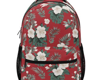Red Floral Backpack, Flowers Retro Vintage Men Women Kids Books School College Waterproof Pockets 15 Inch Laptop Travel Bag