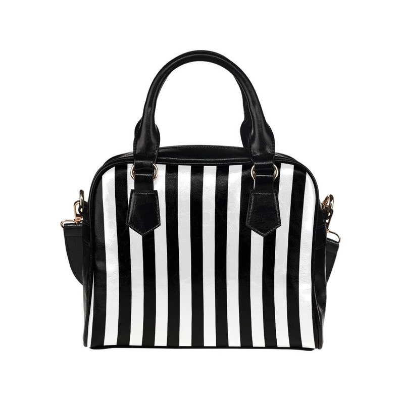 Schwarz-weiß gestreifte Geldbörse Handtasche, Nadelstreifen Streifen Vertikaler Druck Kleine Mini Schultertasche Vegan Leder Damen Designer Crossbody Bild 1