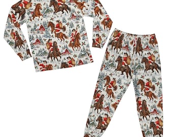 Santa Riding Horse Pajamas Set, Western Christmas Unisex Men Women Ladies 2 Piece Pants Print Long Sleeve Raglan Top PJ Holiday Sleepwear
