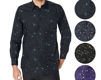 Constellation Space Long Sleeve Men Button Up Shirt, Universe Stars Galaxy Print Dress Buttoned Collared Casual Shirt with Chest Pocket