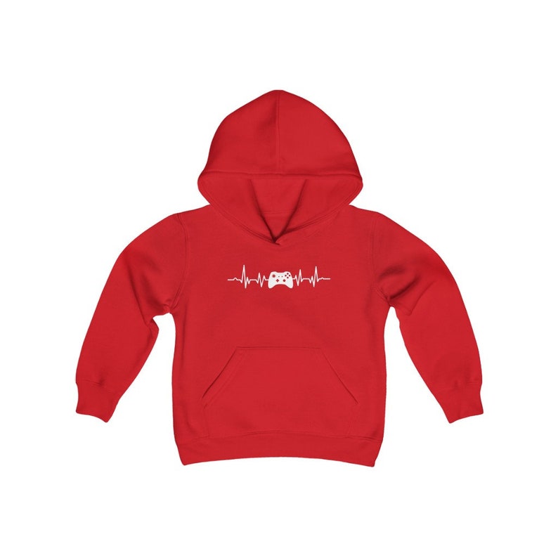 Op de afbeelding: Rood hoodie met een witte afbeelding van een videogamecontroller in een hartslag.