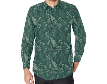 Dark Green Long Sleeve Men Button Up Shirt, Forest Fern Leaf Nature Outdoor Print Casual Dress Buttoned Collar Chest Pocket Lightweight Male