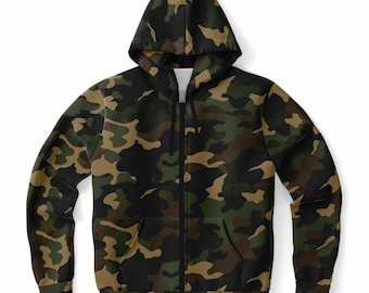 Brown Green Camo Zip Up Hoodie, Black Camouflage Full Zipper Pocket Men Women Unisex Adult Aesthetic Cotton Fleece Hooded Sweatshirt