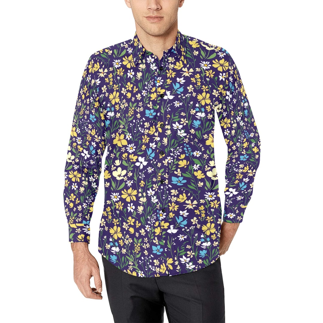Floral Long Sleeve Men Button up Shirt, Flowers Purple Print Casual ...