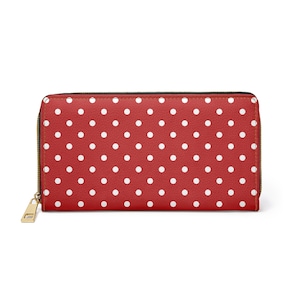 Cartera de cuero de lunares rojos para mujer, cremallera vegana alrededor de monedas tarjetas de crédito bolsillo en efectivo bolsa de señora bolso de mano delgado regalo