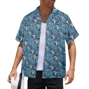 Ufo Men Hawaiian shirt, Alien Palm Trees Green Blue Vintage Aloha Hawaii Retro Summer Tropical Beach Plus Size Guys Button Down