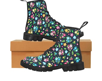 Cute Flowers Women's Boots, Colorful Watercolor Floral Vegan Canvas Lace Up Shoes, Flower Print Black Ankle Combat, Casual Custom Gift