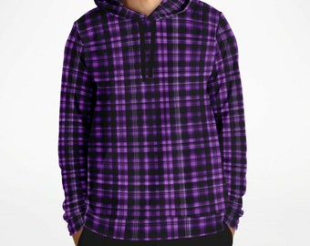 Plaid panel kangaroo pocket crimped hoodie