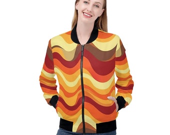 Retro Vintage 70s Women Bomber Jacket, 1970s Orange Brown Ladies Female Zip Up Winter Vintage Pilot Varsity Warm Designer Coat Plus Size